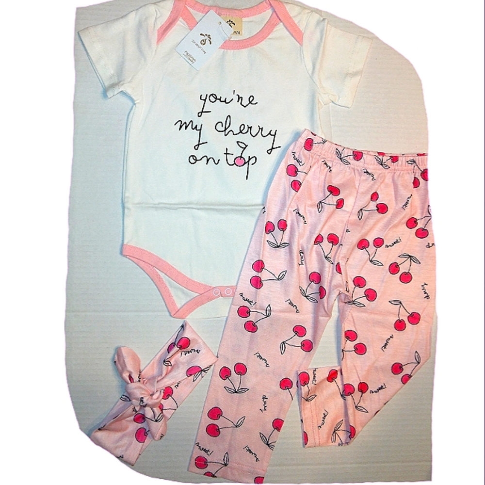 NWT Toddler Girl Boutique Bodysuit/Pant Set~Cherry 3pc Set~12-18mo